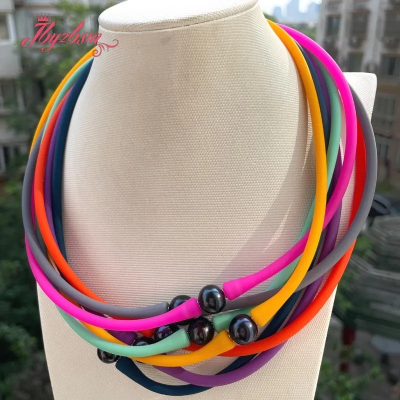 

10mm Round Black Freshwater Pearl Multicolor Sports Powerful Casual Waterproof Silicone Jewelry Bangle Bracelet Necklace Gift