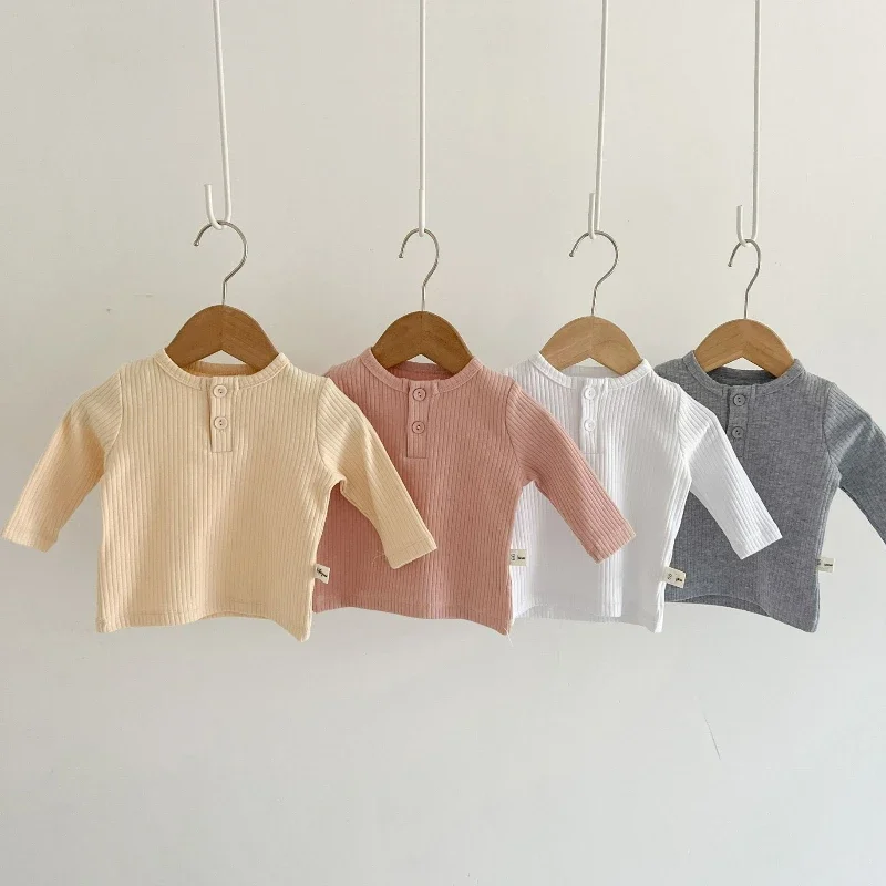 Newborn Baby Boys Girls Cotton T-shirt Clothes Toddler Crewneck Long Sleeve Solid Casual Autumn Tops 3-36Months