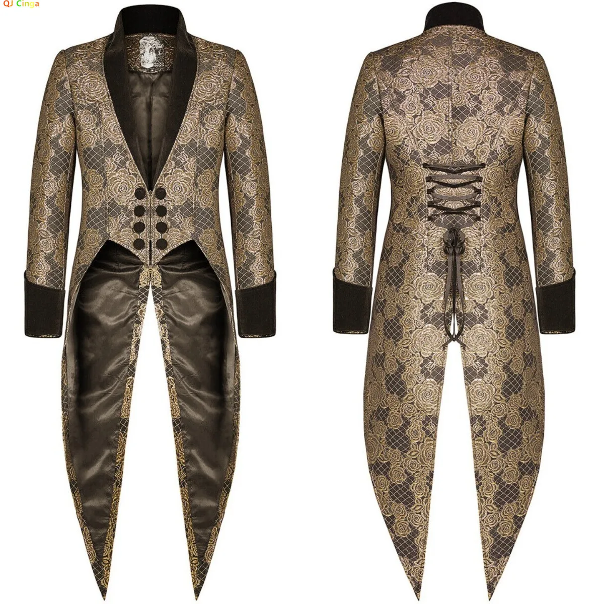 Fashion Gothic Steampunk Tailcoat Jacket for Men Black Jacquard Satin Wedding Brocade Coat