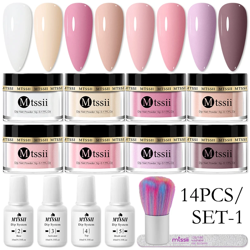 Mtssii 5g 14PCS Dipping Nail Powder Set Glitter Dust Nude Pink No Need Lamp Cure Natural Dry Long Lasting Dip Liquid Polish Kits