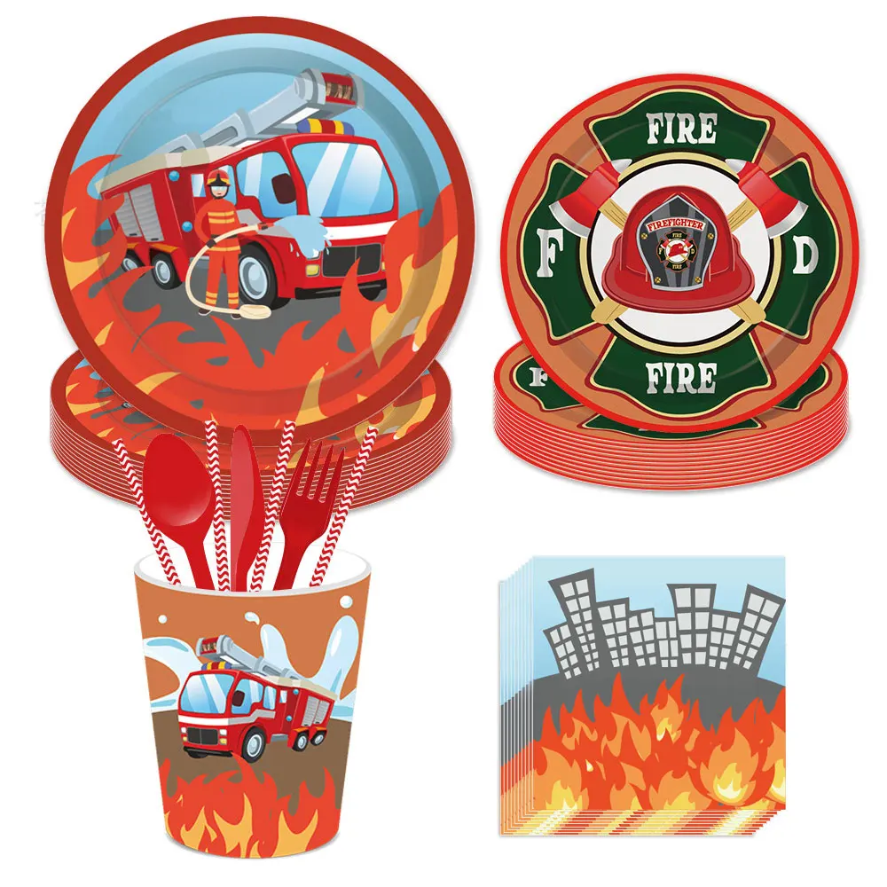 

Fire Truck Theme Disposable Tableware Kids Birthday Party Paper Plate Cup Napkin Fireman Kid Shower Party Decoration Supplies