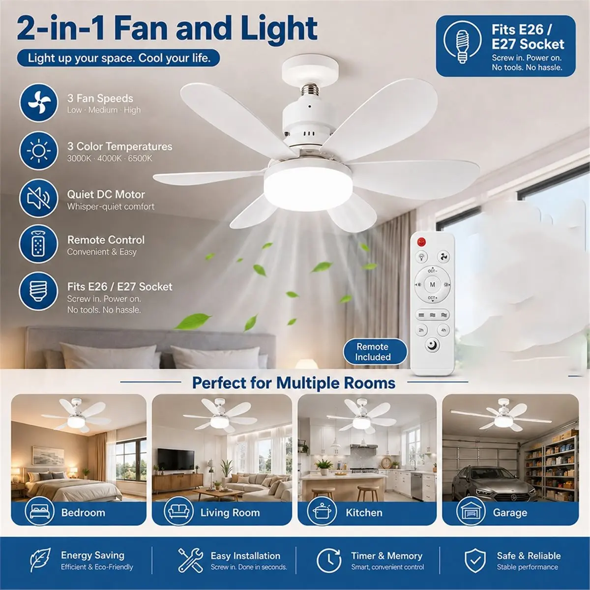 A32I 가정용 저소음 천장 선풍기(40W LED 야간 조명 포함) 무선 리모컨 ..