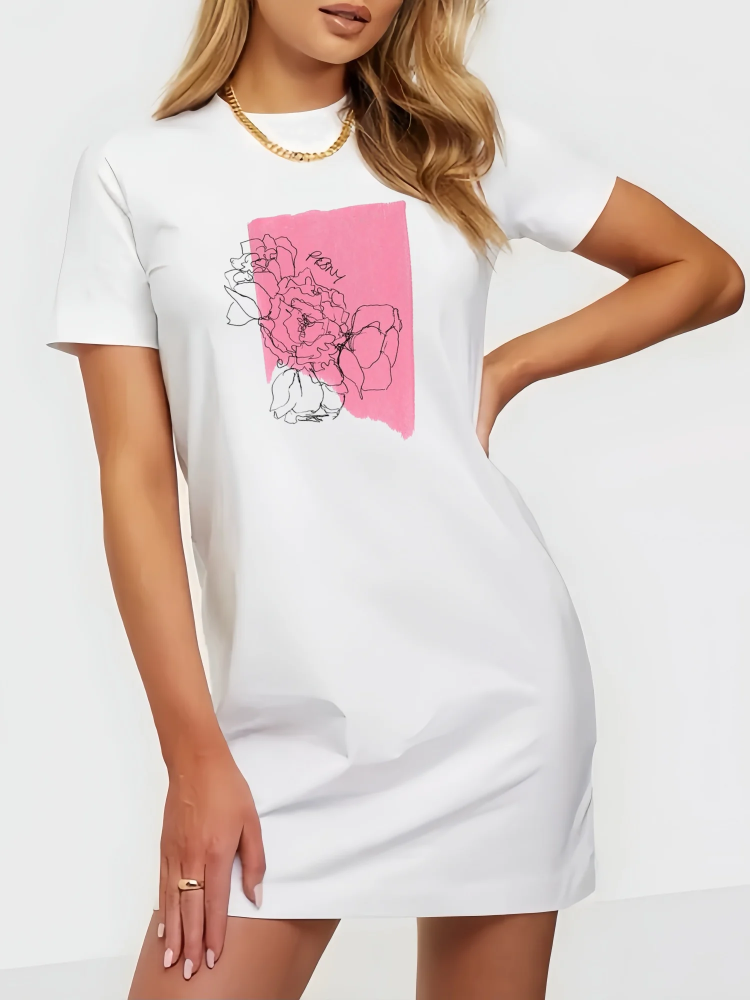 

Pink Romatic Flowers Print Short Sleeved T Shirt Dress Women Floral Casual Slim Fit Youthful Summer Woman Dress