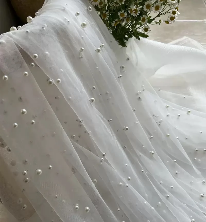 Pearls Soft Mesh Sheer Tulle Fabric Swiss Tulle for Bridal Veil Dress Illusion Wedding Dress White Ivory Black 150cm