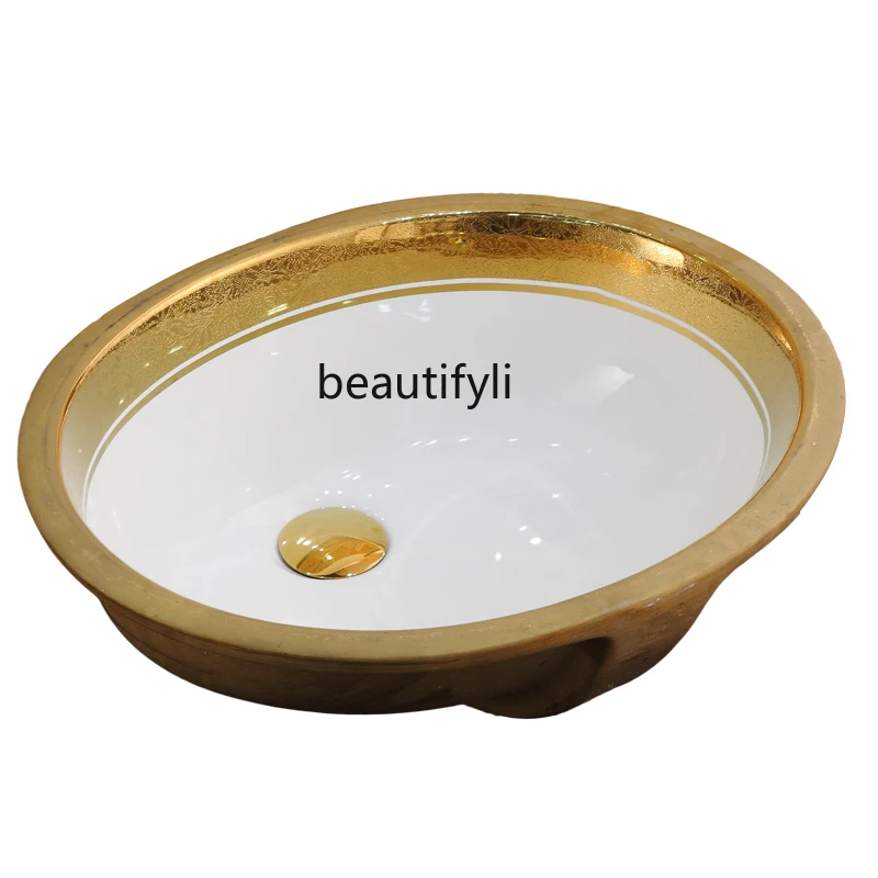 

European-Style Golden Drop-in Sink round Ceramic Basin Embedded Washbasin Small Size Size Bathroom Basin