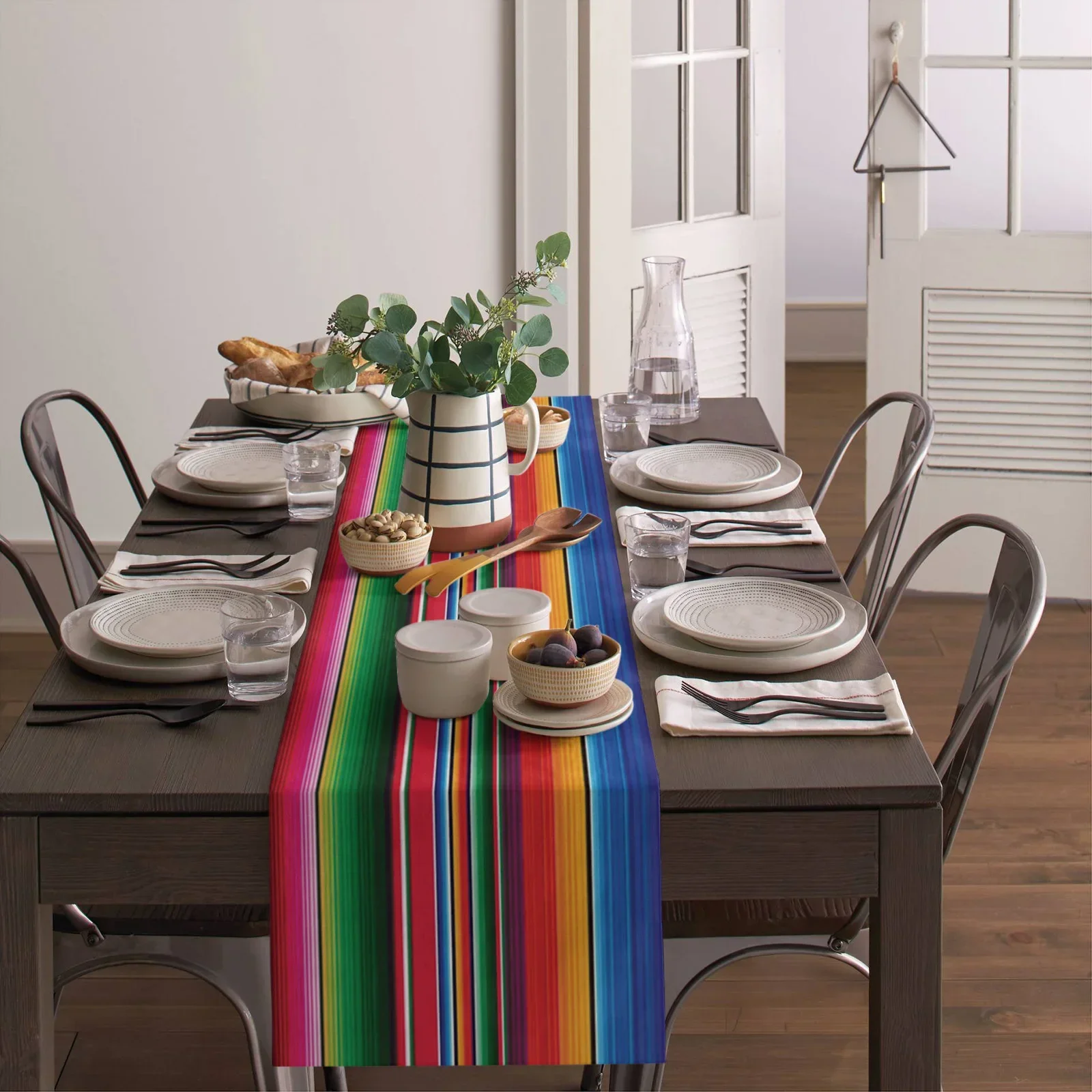 Mexican Serape Linen Table Runner Dresser Scarf Decor Colorful Striped Mexican Fiesta Day of The Dead Table Runner Party Decor 5
