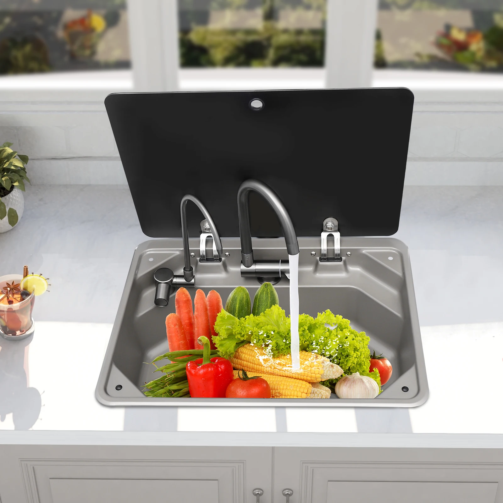 RV kitchen Sink Black Sink with Folded Faucet and Tempered Glass Lid Stainless Steel for RVs and Kitchens