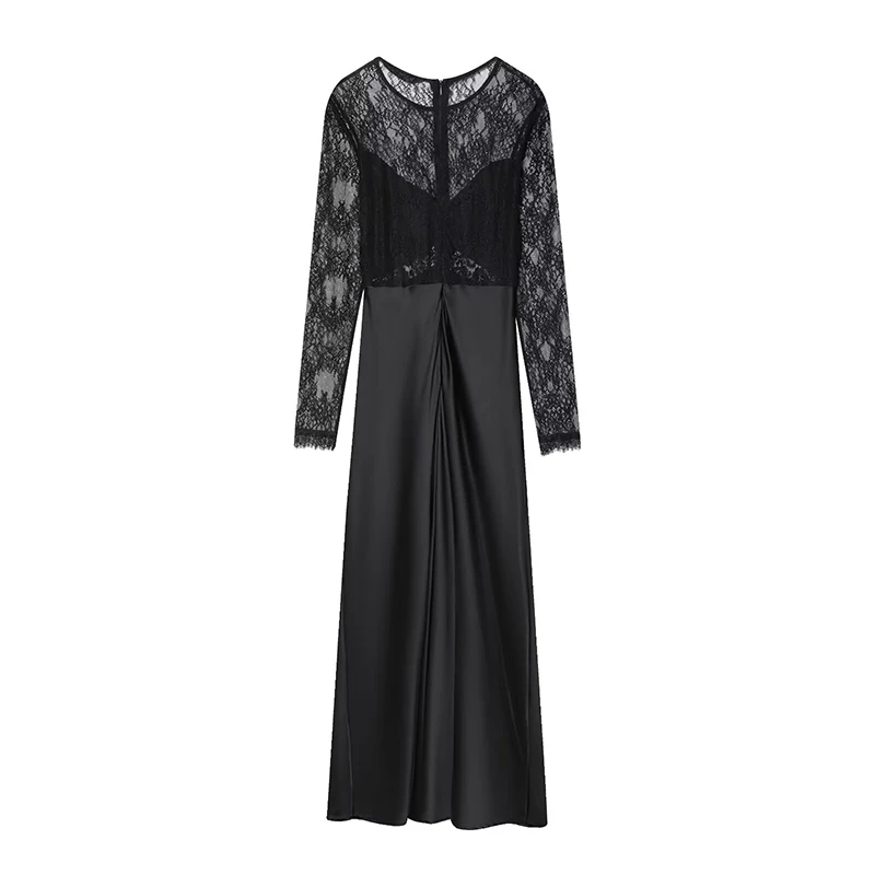 2025 New Women Fashion Lace Splicing Dress Long Dresses Translucent Chic Dresses Women Long Sleeve Evening Party Dresses