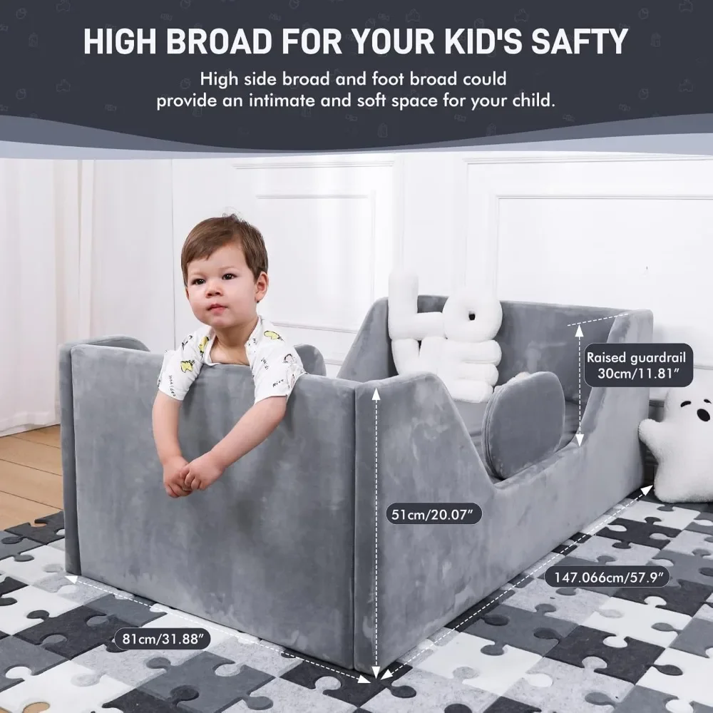 Child Bed for Kids with Extra Safty Broad, Standard Crib Size Toddler Bed,Certified Fabric Toddler Beds,Toddler Floor Bed (Gray) 2