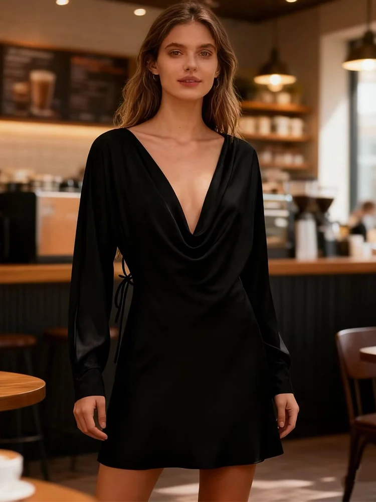 Chic Elegant Satin Women Drooping Folds Collar Party Dresses for Women V Neck Tied Short Dress Fashion New Backless Sexy Dress