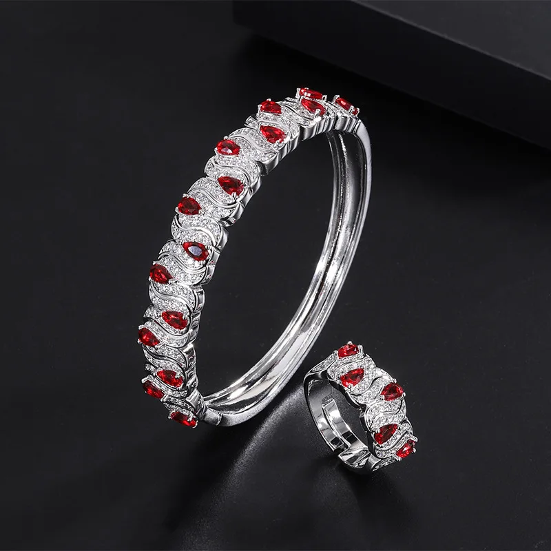 

Charms Water Droplet High Carbon Diamond Emerald Gemstone Bracelet Adjustable Ring Set Women Jewelry Wedding Anniversary Gift