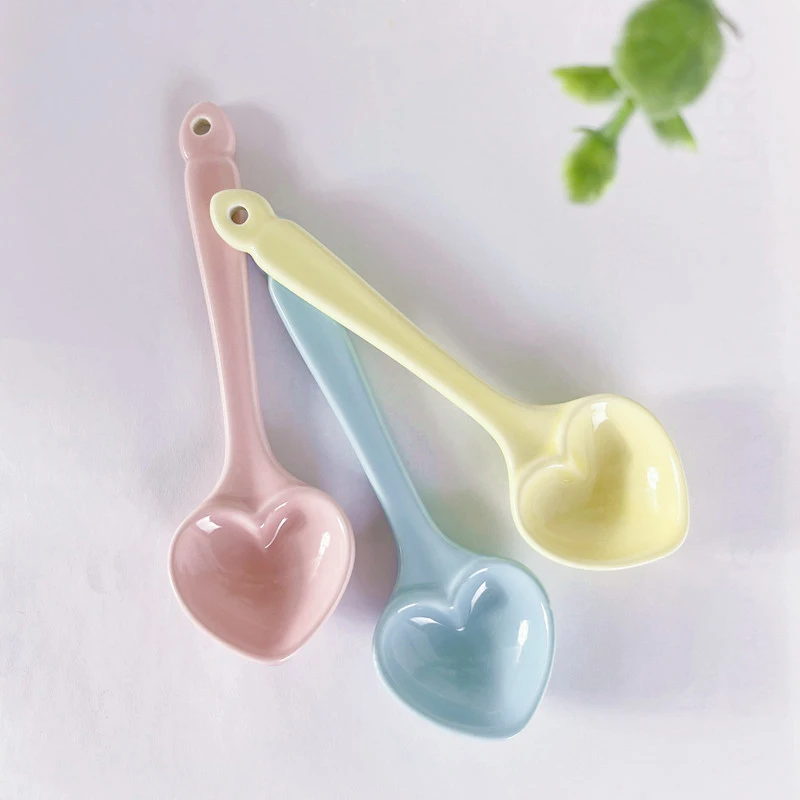 마카롱 컬러 러브 세라믹 스푼, 간편한 청소, 하트 모양, 주방 용품, 커피 스푼, 부드럽고 유약 내구성, 편리한