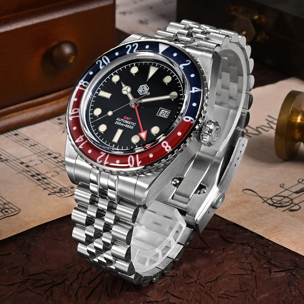 San Martin New 40mm Luxury GMT Sports Style Full Luminous Bidirectional Bezel Men Automatic Mechanical Watch Sapphire 20Bar BGW9