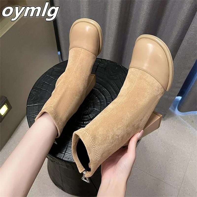 Slim and Versatile Slim Boots 2023 Winter New Thick High Heel Round Head Panel Elastic Suede Short Boots for Women