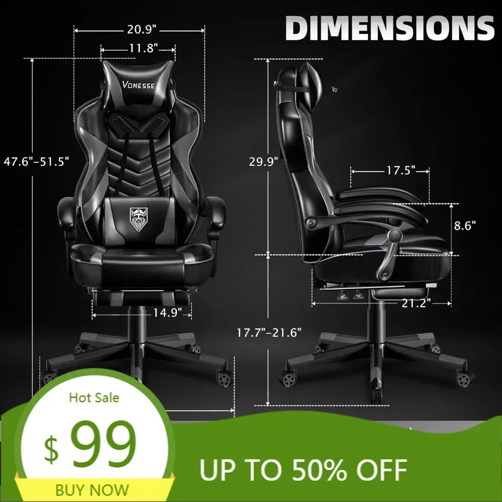 "ergonomic reclining gaming chair with high back, footrest, and massage for adults"