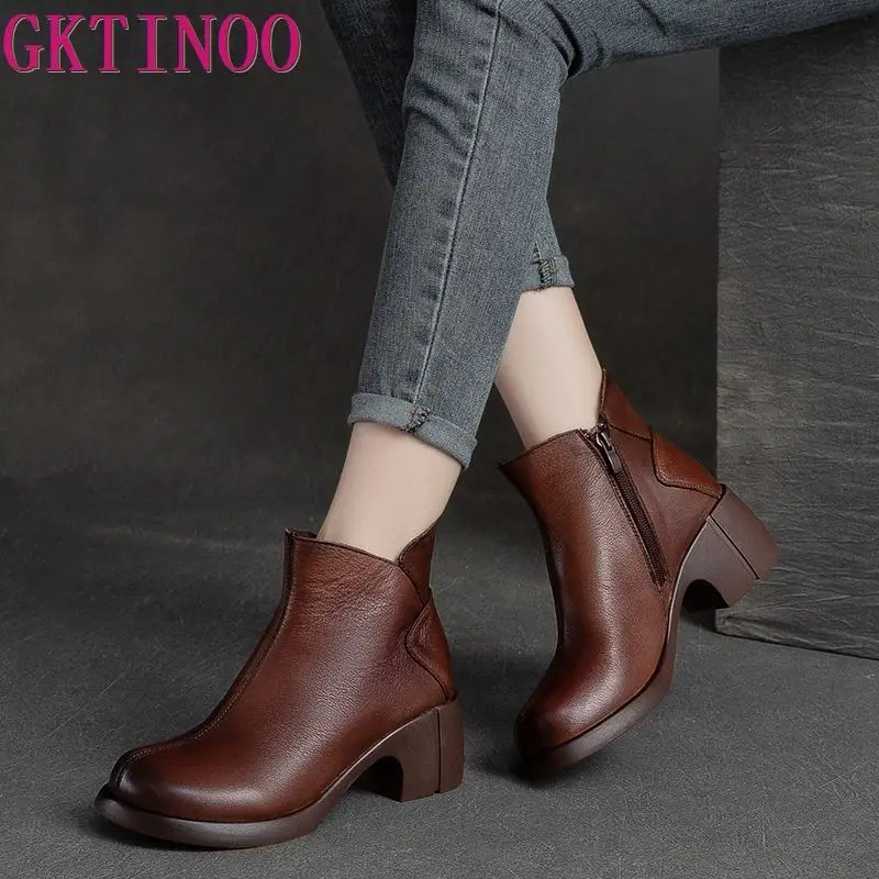 GKTINOO Genuine Leather Ankle Boots Women Shoes 2024 New Autumn Winter Round Toe Square Heel Zip Handmade Leisure Women Boots