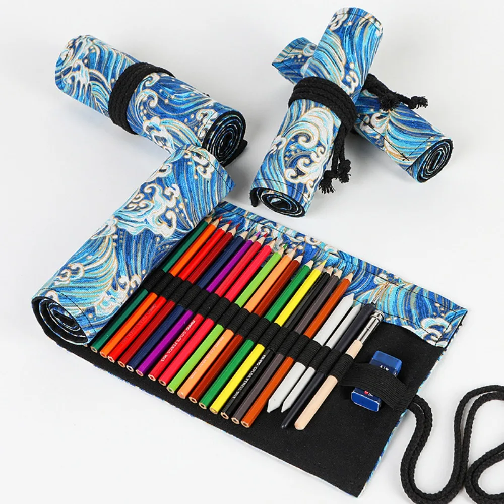 Canvas Roll Up Pencil Bag Pen Curtain Case Makeup Wrap Holder Storage Pouch 12/24/36/48/72 Holes School Supplies pencil bag