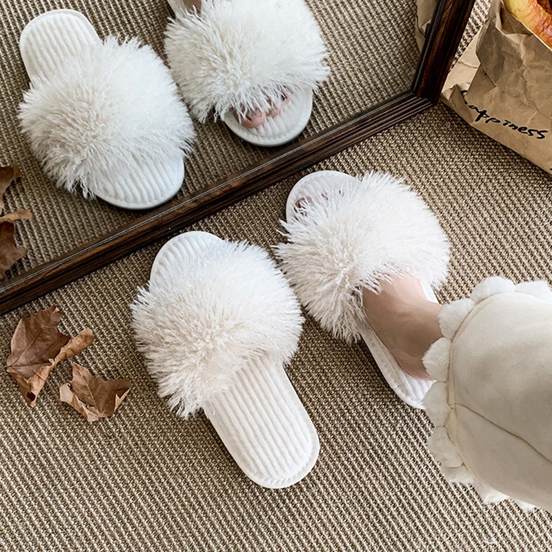 Autumn Winter Indoor Fluffy Fur Slippers Women 2025 Open Toe Non Slip House Slippers Woman Comfortable Soft Sole Plush Slides