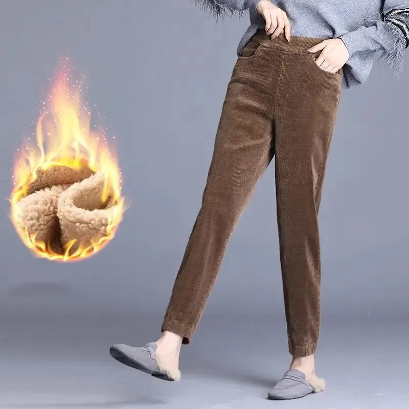 Casual Elastic High Waist Warm Pantalones Super Thick Cashmere Corduroy