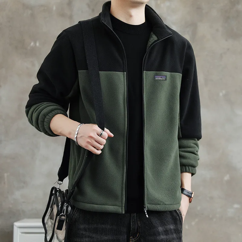 Men's Spring and Autumn Loose Color Block Fleece Sweatshirt Jacket