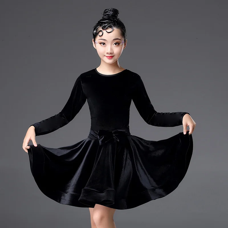 Velvet Long Sleeves Latin Dance Dress For Children Girls