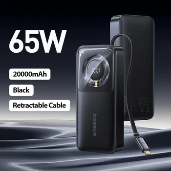 Baseus 65W Power Bank 20000mah Fast Charging with Built-in Retractable Type-C Cable for Laptops iPhone 16 15 Pro Max 10
