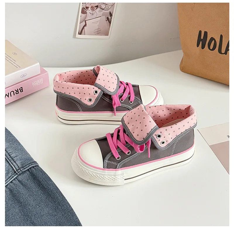 Women's High Top Platform Canvas Sneakers Polka Dot Foldable Collar Lace Up Breathable Korean Style Casual Shoes Fall 2026