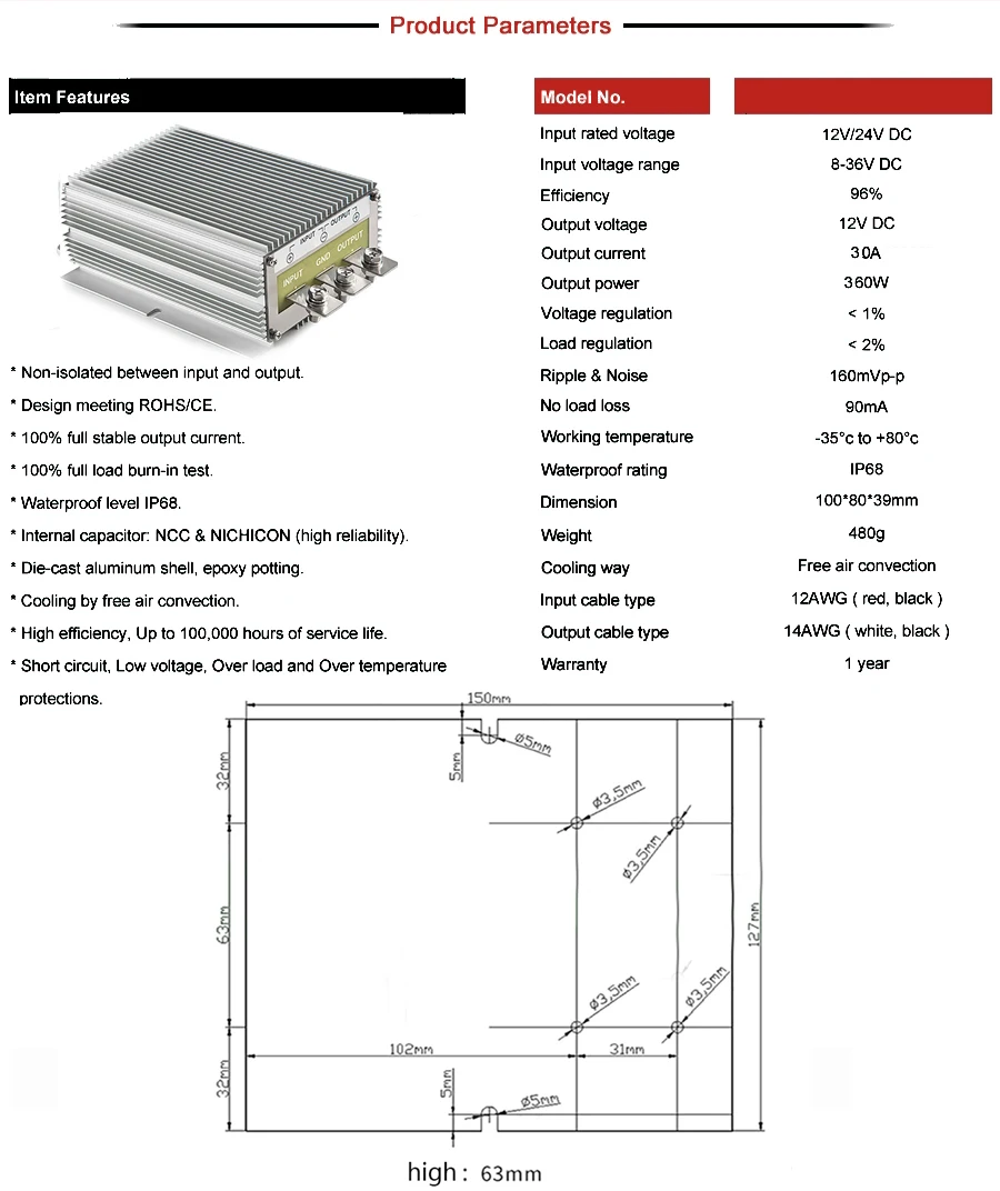 Description Picture 6 of item8V-40V to 12V 25A-2A Step down/Up DC-DC Converter Car 12 volt stabilizer Buck Boost Module Voltage Regulator Power Converter