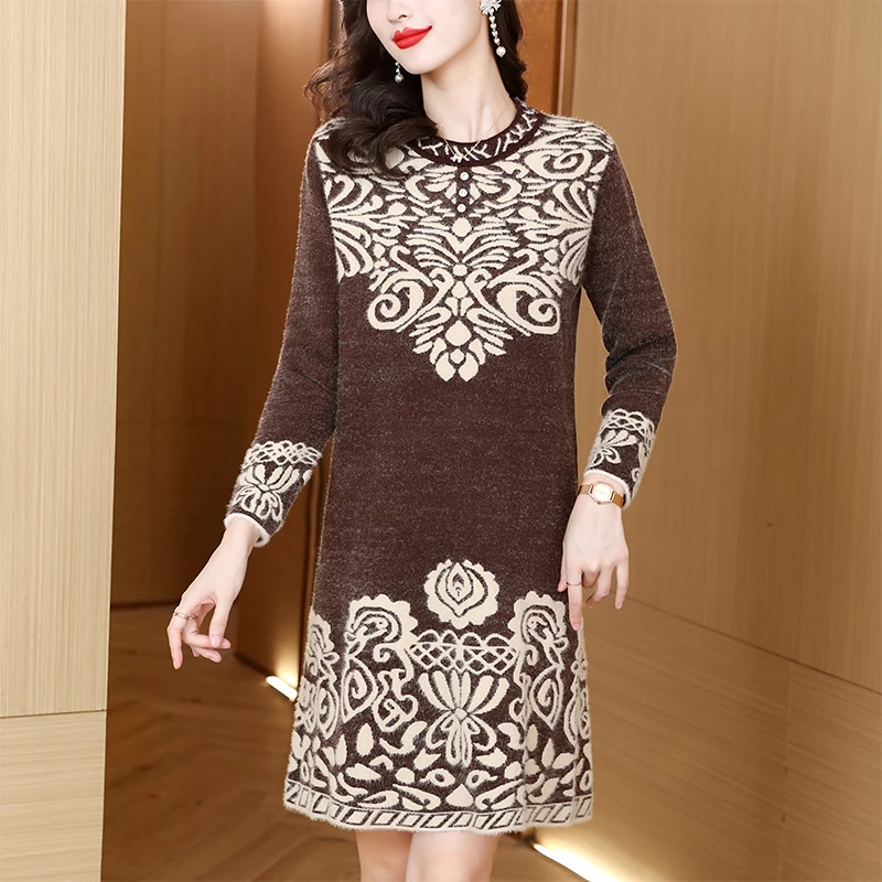 

2023 New Fashion Mink Fleece Dress Women's Autumn and Winter Versatile Round Neck Long Sleeve Loose Fit Leisure Vacation Vestido