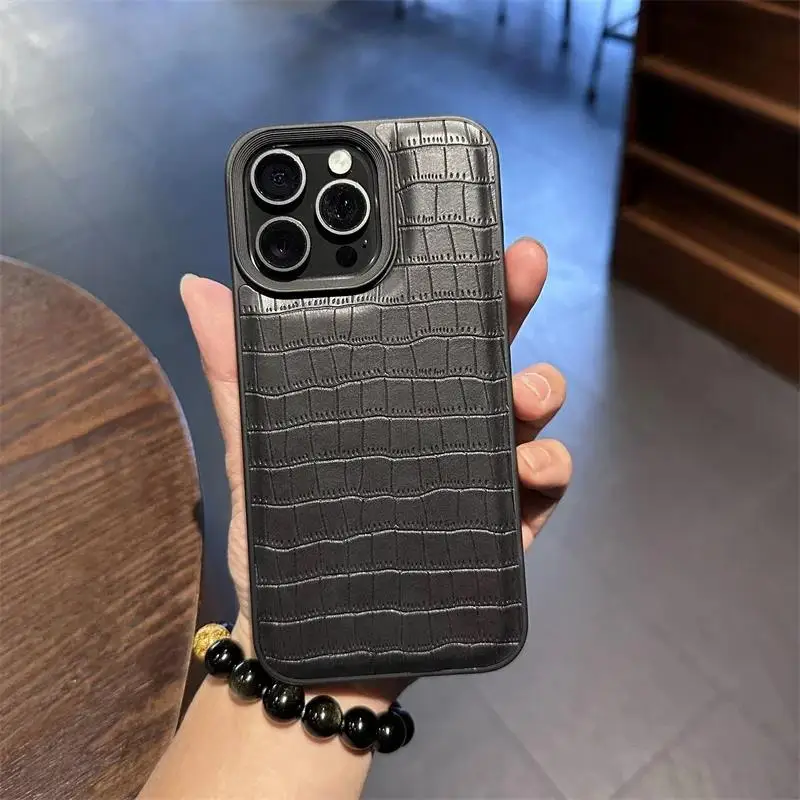 Fashion Cool Black Crocodile Pattern Leather Solid Color Phone Case For iPhone 11 12 13 14 15 Pro Max Shockproof Soft Cover Men
