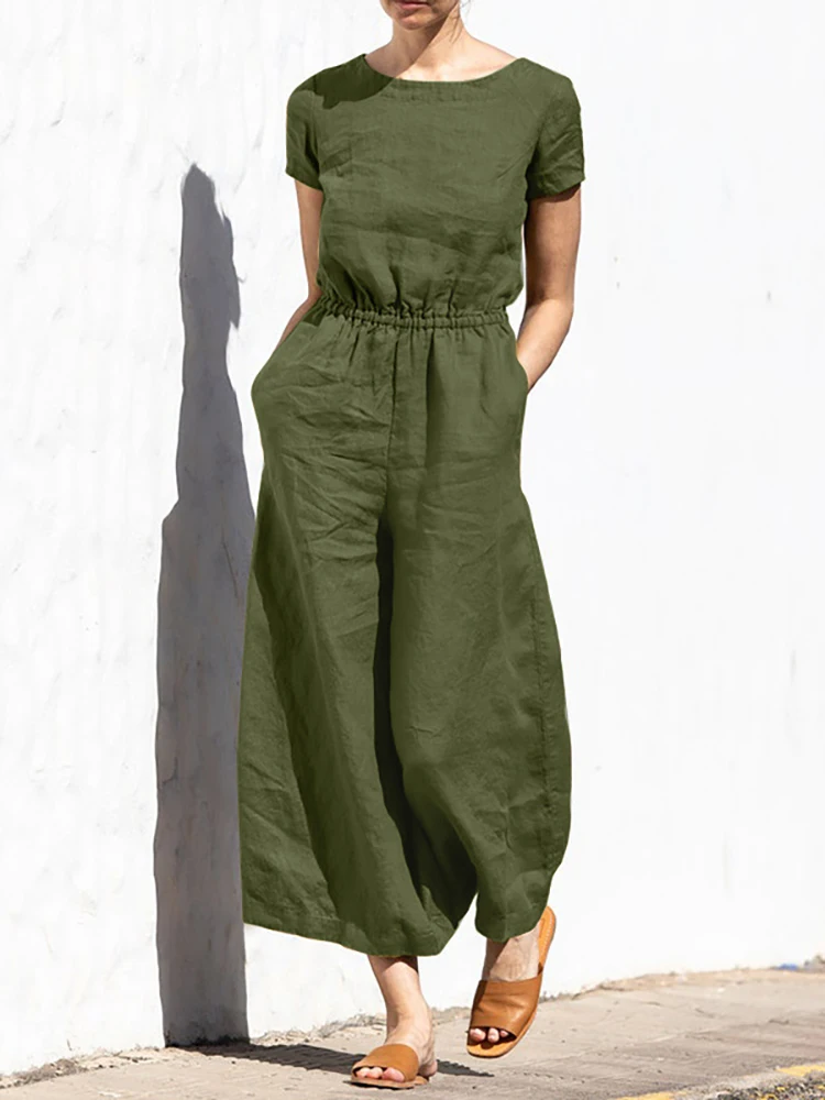 

Lady Summer Short Sleeve Pockets Overalls Casual Cotton Linen Women Loose Jumpsuit Party Club Elastic Waist Cotton Linen Romper