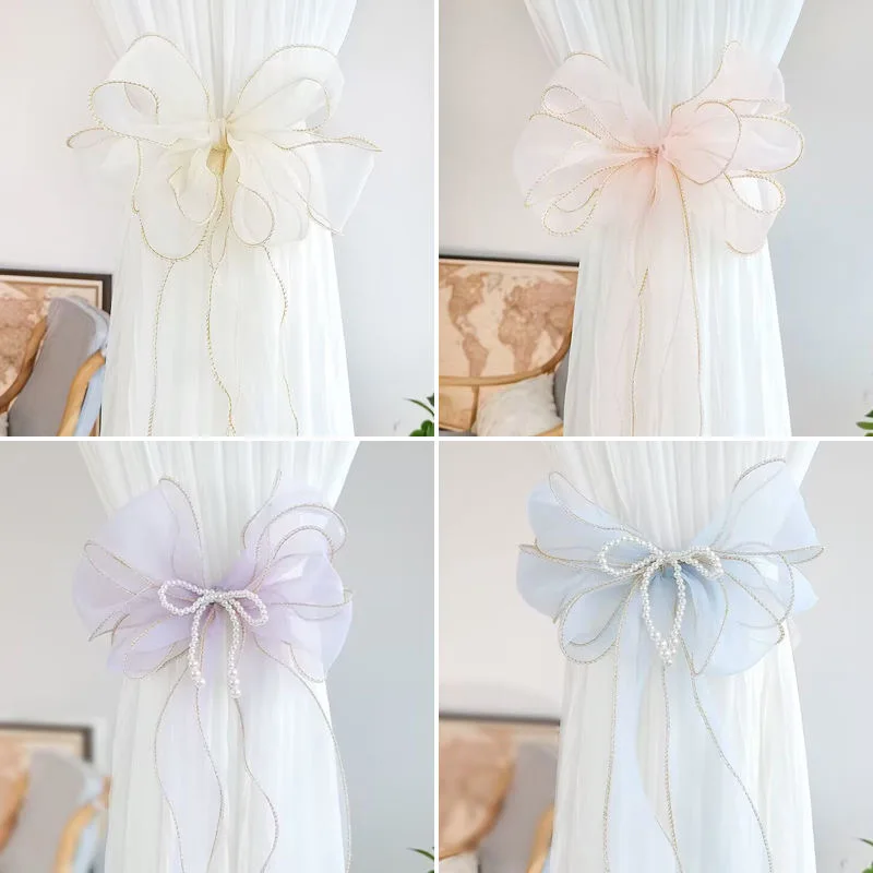 

2Pcs Curtain Tieback Bowknot Beautiful Bow Lace Holder Hook Buckle Clip Pretty and Fashion Polyester Decorative Home Accessorie