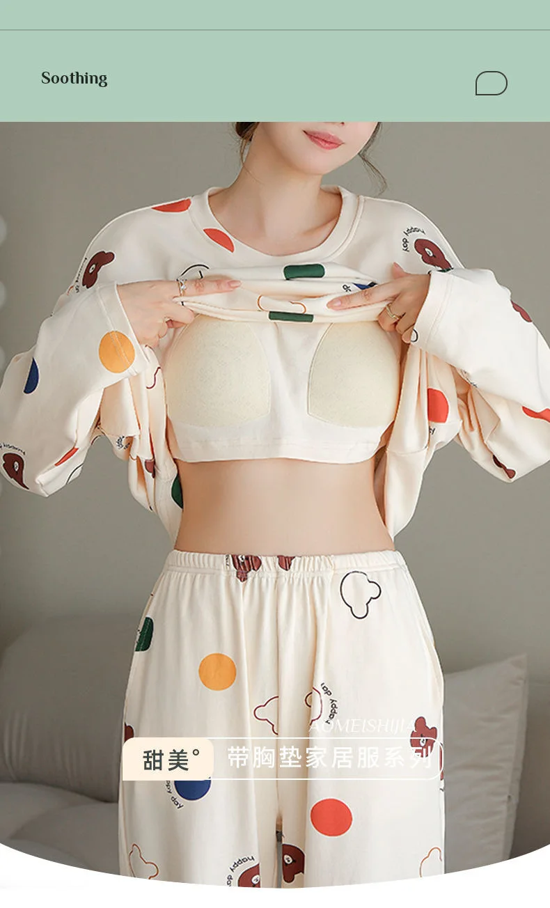 Plus Size Neu mit Brustpolster Frühling Langarm Lose Zuhause Lässig Tragbar Bequem Stilvoll Trendy Ins Niedlicher Damenpyjama – Detail 11