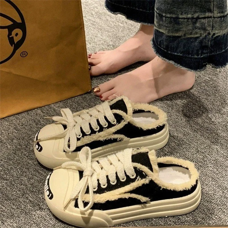 2023 New Summer All-match Beggar Shoes Temperament Baotou Half Slippers Women's Outer Wear Canvas Shoes