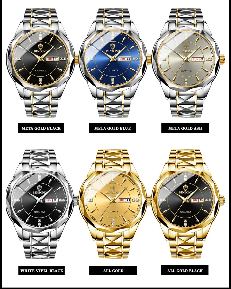 waterproof stainless steel golden male wristwatch