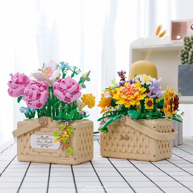 

Balody Mini Sunflower Rose Basket Flowers Bouquet Building Block DIY Flower Basket Home Decoration Bricks Girls Gifts Kids Toys