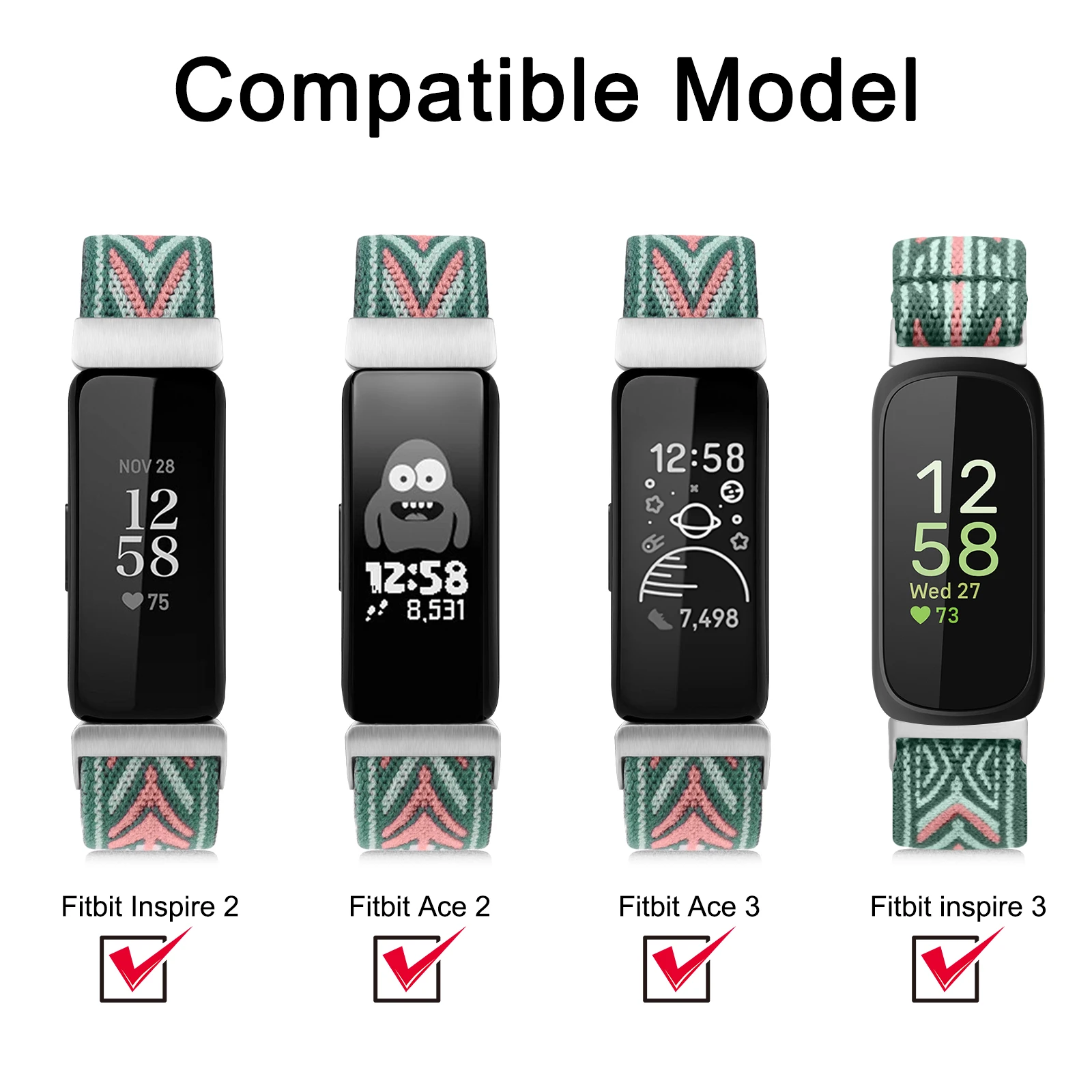 Adjustable Elastic Nylon Strap Bracelet Replacement for Fitbit Inspire and Ace Series