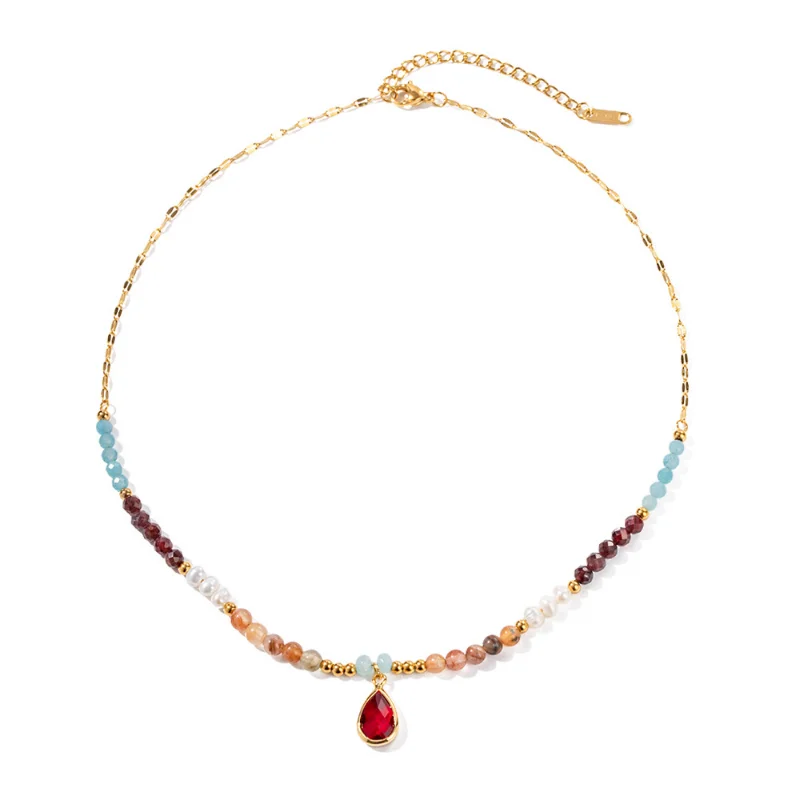 

ALLNEWME Unusual Colorful Natural Stone CZ Zircon Water Drop Pendant Necklaces for Women 18K Gold Plating Stainless Steel Choker