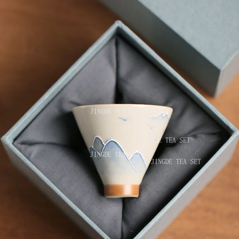 1pcs 50ml Hand Drawn Landscape Hat Tea Cup Grass Ash Ceramic Underglaze Colored Tea Cup Owner's Single Cups Drinking Utensils
