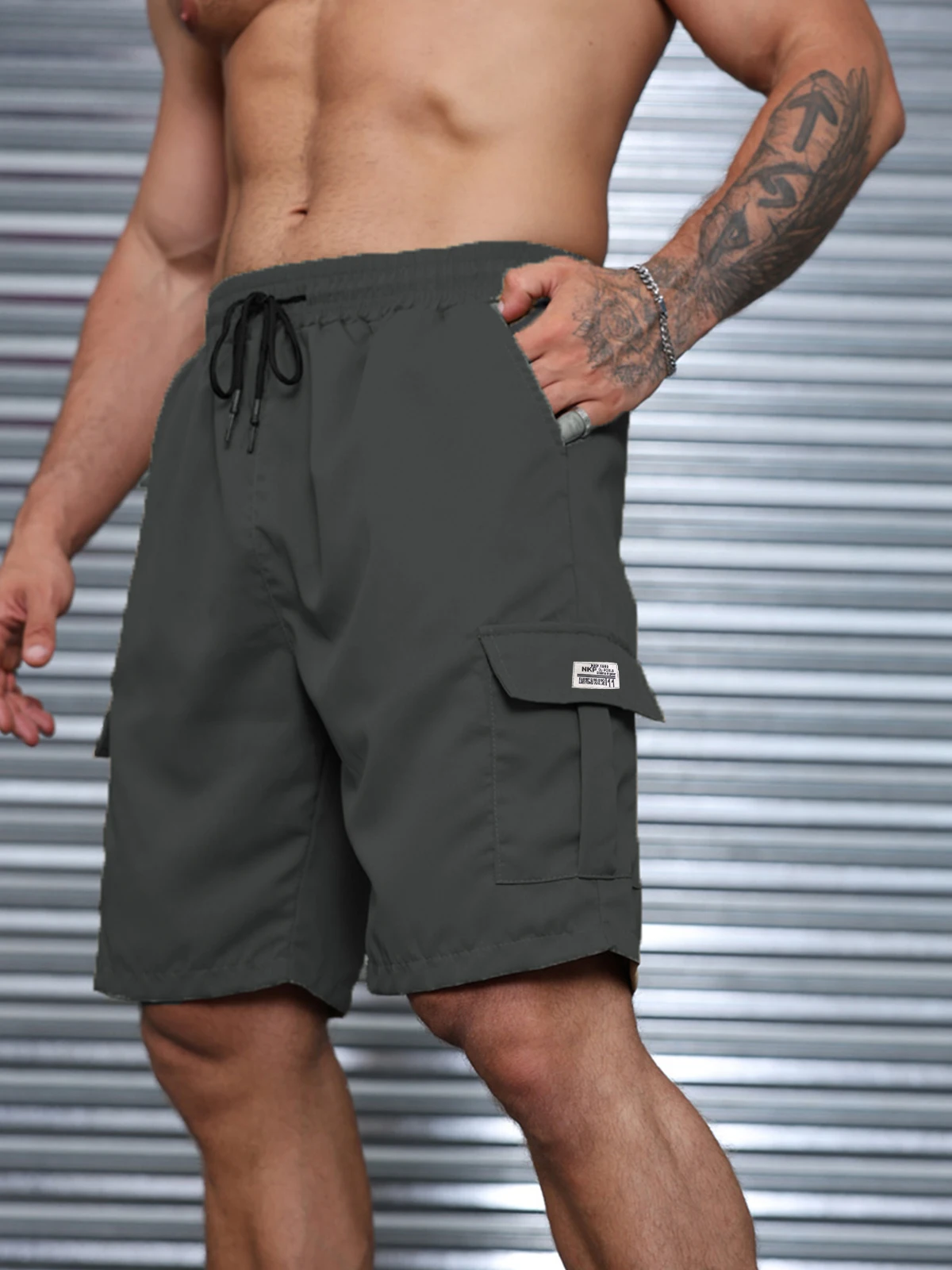 メンズヘビーデューティーワークショーツ、伸縮性のあるドローストリングウエスト付き - 非伸縮性生地、サイドポケット - 日常着用ショーツ