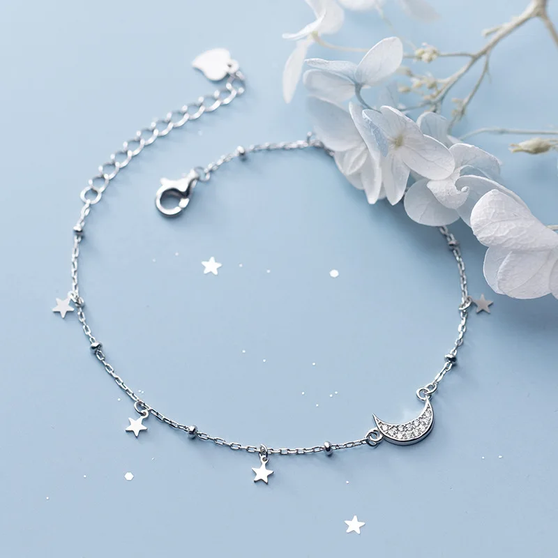 Trustdavis Authentic 925 Sterling Silver Fashion Dazzling CZ Moon Star Bracelet Anklets For Women Fine Silver Jewelry Gift DA623