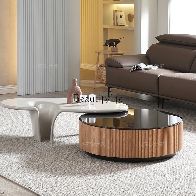 

Light Luxury round Tempered Glass Solid Wood Coffee Table Living Room Italian-Style Storage Shaped Length Side Table