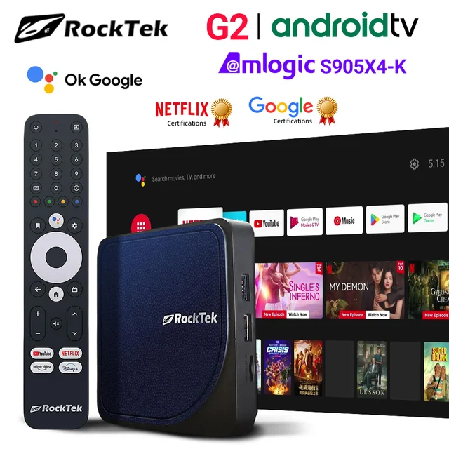 RockTek G2 4K AndroidTV 14 Stream Box Netflix Google Certified Amlogic S905X4-K 4G 32G 64G Support DTS Dolby Audio Dolby Vision