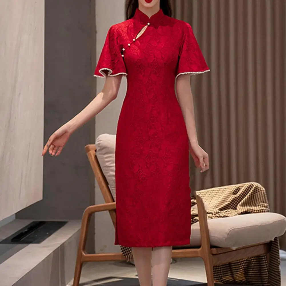 

Женское платье-Ципао в ретро стиле, элегантное Кружевное платье-Ципао с воротником-стойкой, вечернее платье в китайском стиле