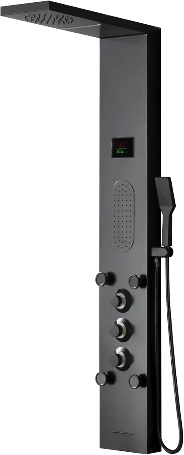 Black Shower Panel Tower System LED Light Shower Tower with Large Area Body Jet Massage Shower Fixtures with LCD Temperature 5