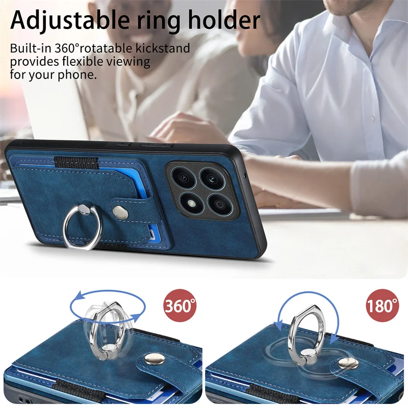 Luxury Leather Card Holder Case with Ring Stand and Magnetic Back Cover
