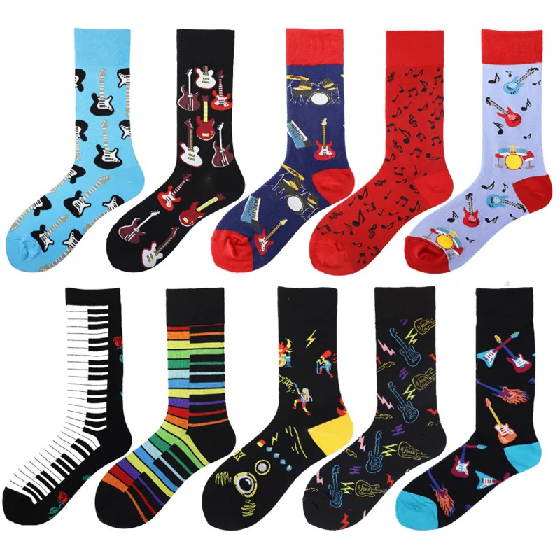 1pair Fashion Casual Men Socks Harajuku Guitar Music Wire Colorful Skateboard Personality Hip Hop Print Funny Street Socks casual socks