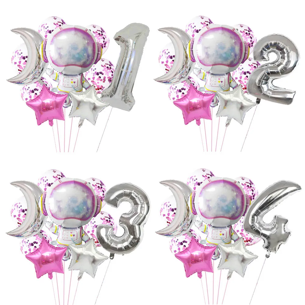 10 Stück rosa Astronaut 0–9 Zahlenballon-Set Mond Sterne Mädchen Kinder Weltraum Galaxy Thema Geburtstag Party Dekoration Lieferungen