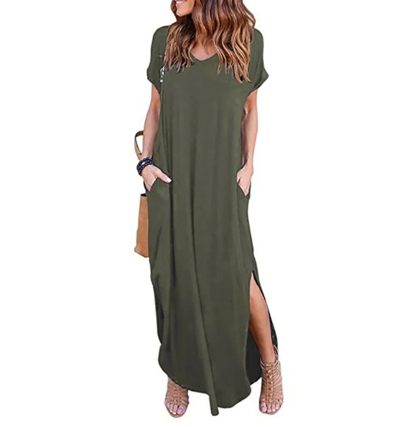 Solid Color  5XL Sexy Women Pocket Dress Summer Solid Casual Short Sleeve Maxi Dress for Women Long Dress Y2k Lady Dresses