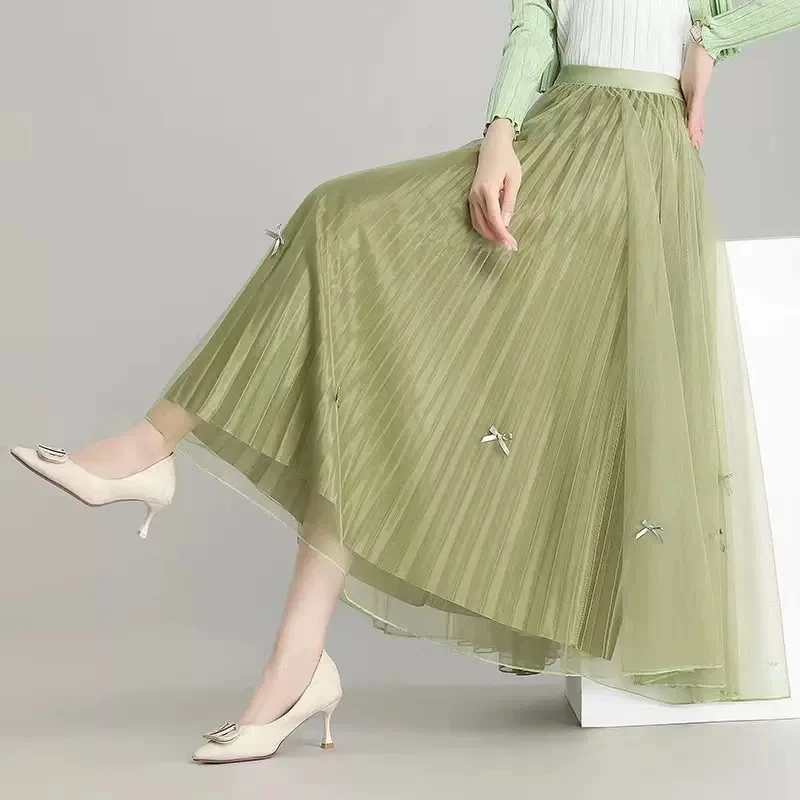 

2023 New Elegant Wearing both sides Gauze Dance Skirts For Women's Clothing Spring Summer draped Pleated Mesh Tulle Skirt AC593